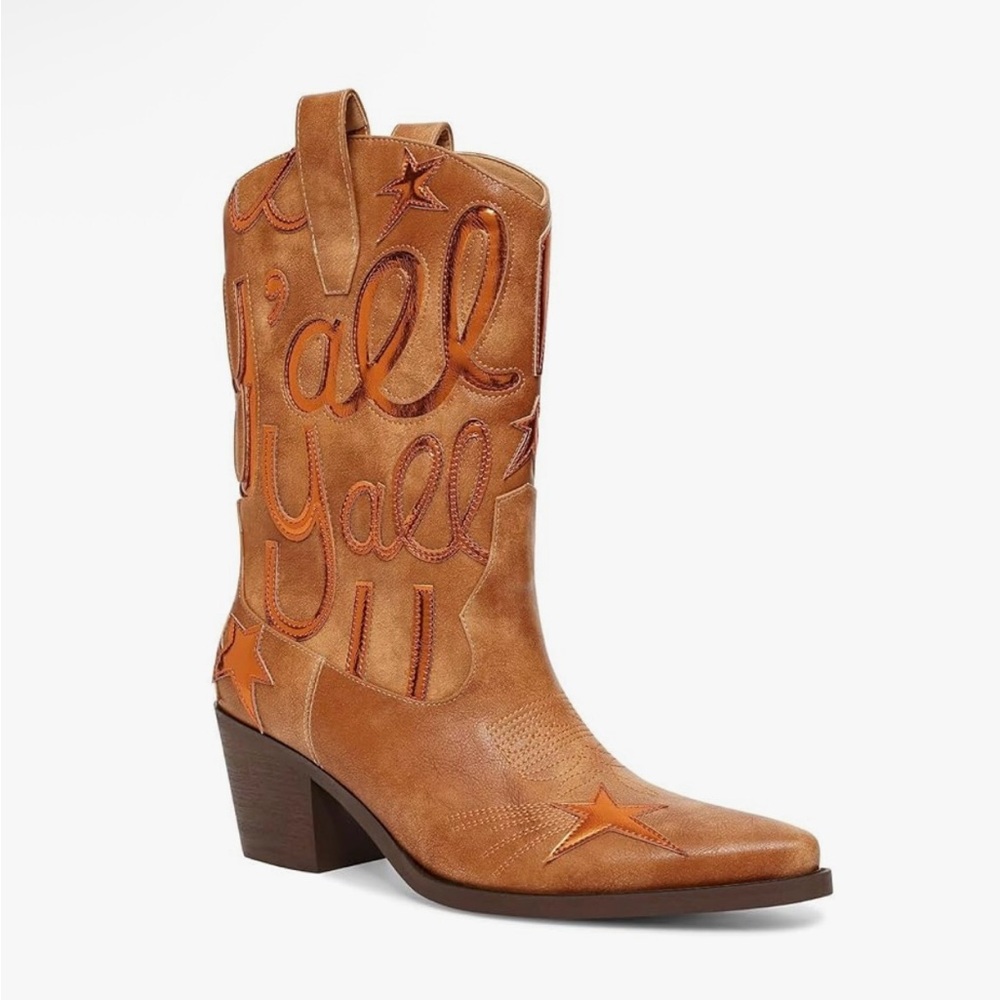 HOCHFART Metallic Cowboy Boots for Women Mid Calf Low Heel Pointed Toe